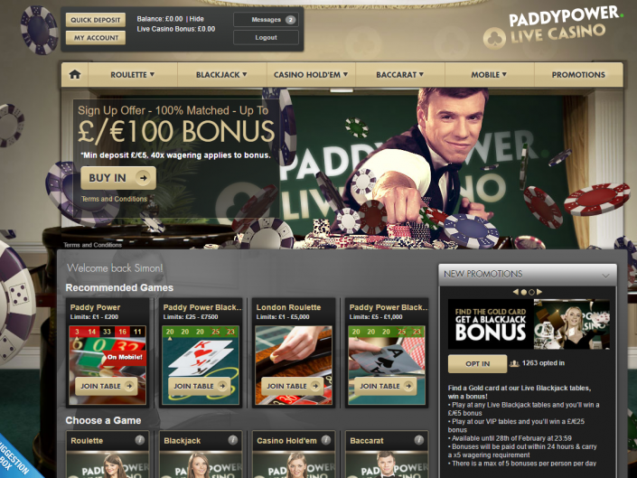 100% Matched Bonus with Paddy Power Live Casino